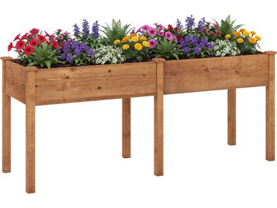 Costway Fir Wood Outdoor Raised Garden Bed w/ Divider Panel & Drainage Holes 497165238 New