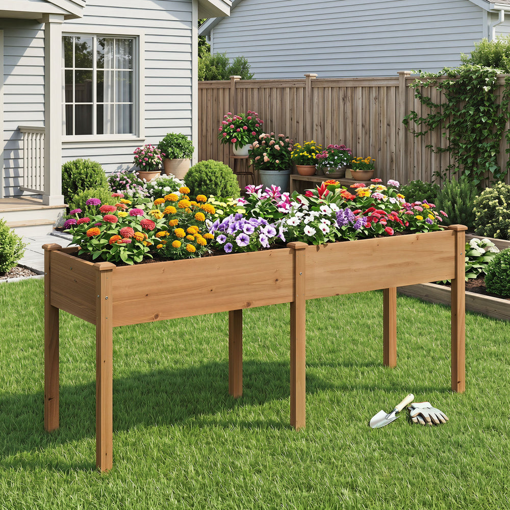 Fir wood outdoor raised garden bed with divider panel, featuring 8 drainage holes, perfect for various plants in gardens.
