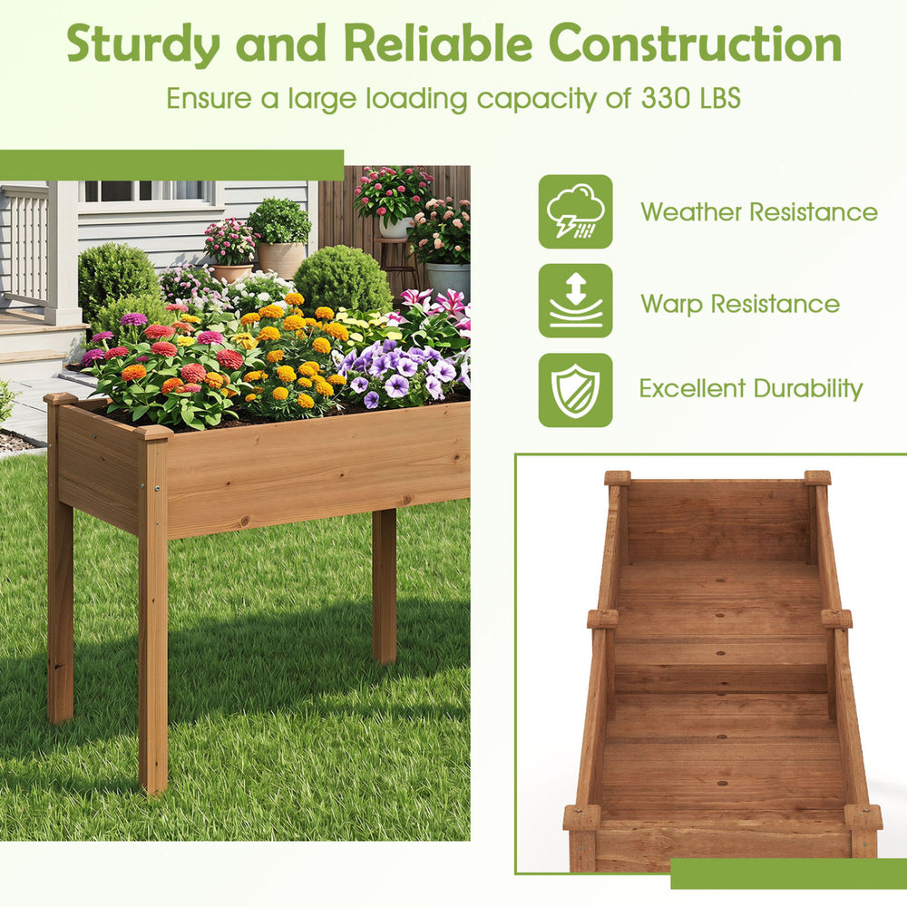 Fir wood outdoor raised garden bed with divider panel, featuring 8 drainage holes and a comfortable 30" height for easy planting.