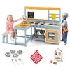 Kids play kitchen with picnic table and bench in gray, featuring fir wood construction and realistic cooking.
