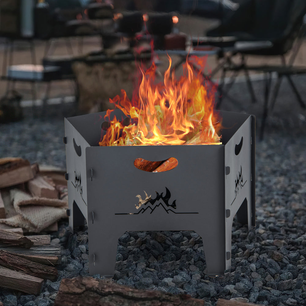 Collapsible 19-inch portable fire pit with flames, featuring carbon steel construction and air circulation holes for.