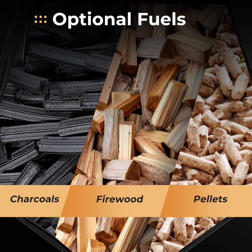 Charcoals, firewood, and pellets displayed as optional fuels for the 19-inch collapsible portable fire pit.