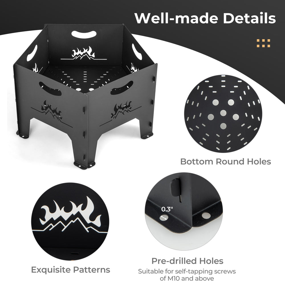 Collapsible 19-inch portable fire pit with exquisite patterns, bottom holes for airflow, and pre-drilled holes for.