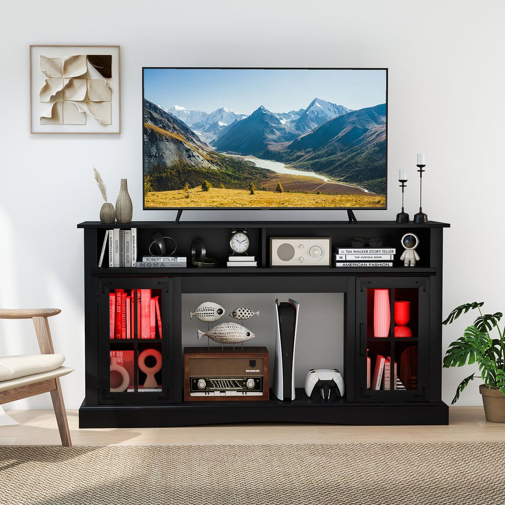 Black TV stand with RGB LED lights, adjustable shelves, and ample storage for media devices, perfect for living room.