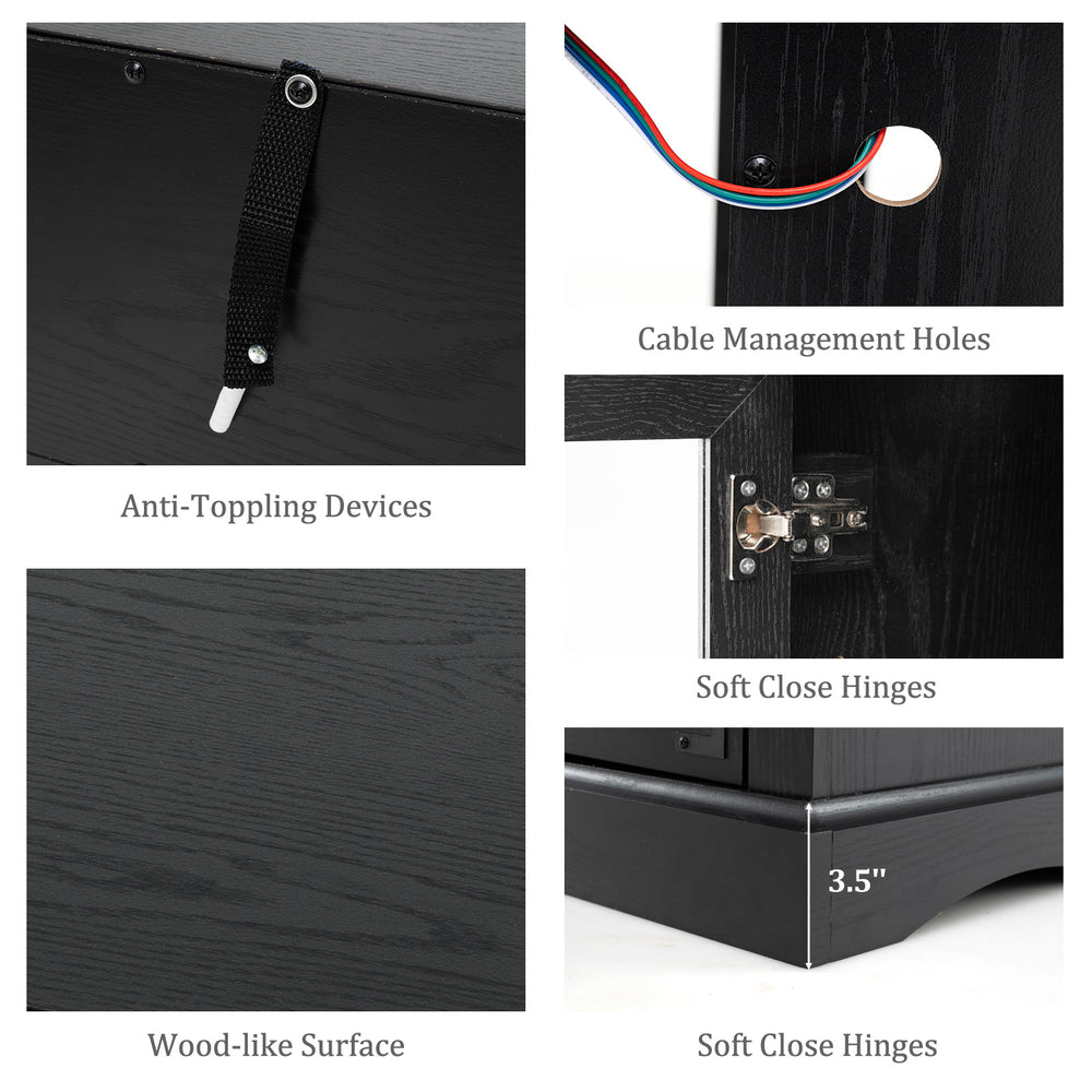 Detail of the Fireplace TV Stand showing anti-toppling devices, soft close hinges, and cable management holes for.
