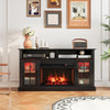 Fireplace TV stand in black with realistic 3D flame effect, remote control, and space for TVs up to 50 inches.