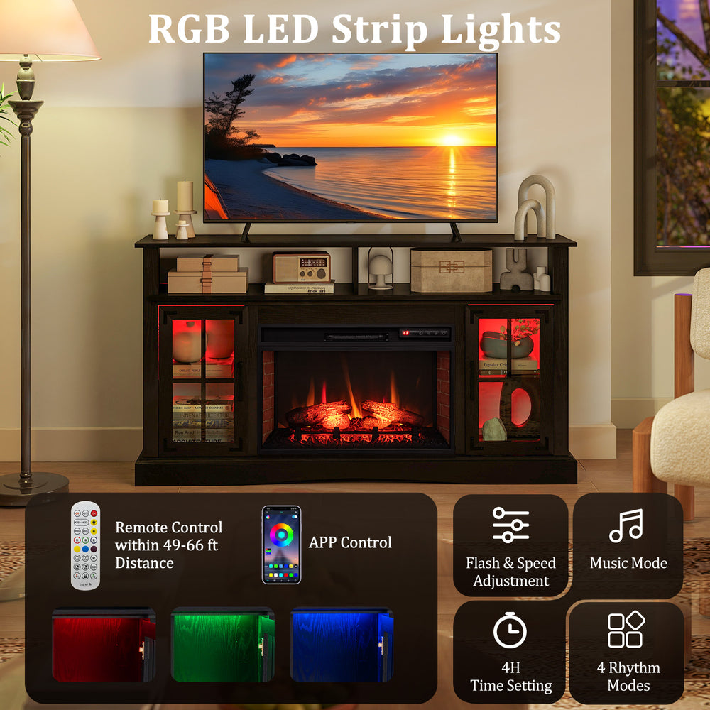 Fireplace TV stand in black with RGB LED strip lights, remote control, and 3D flame effect for TVs up to 50 inches.