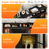Fireplace TV stand in black with 58" countertop, 2 open compartments, and 3-level adjustable shelves for media storage.