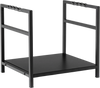 Black firewood log rack with unique handles and raised feet for stability, designed for easy storage and transport.