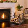 Firewood log rack in black with raised feet and handles, perfect for keeping logs dry by the fireplace.