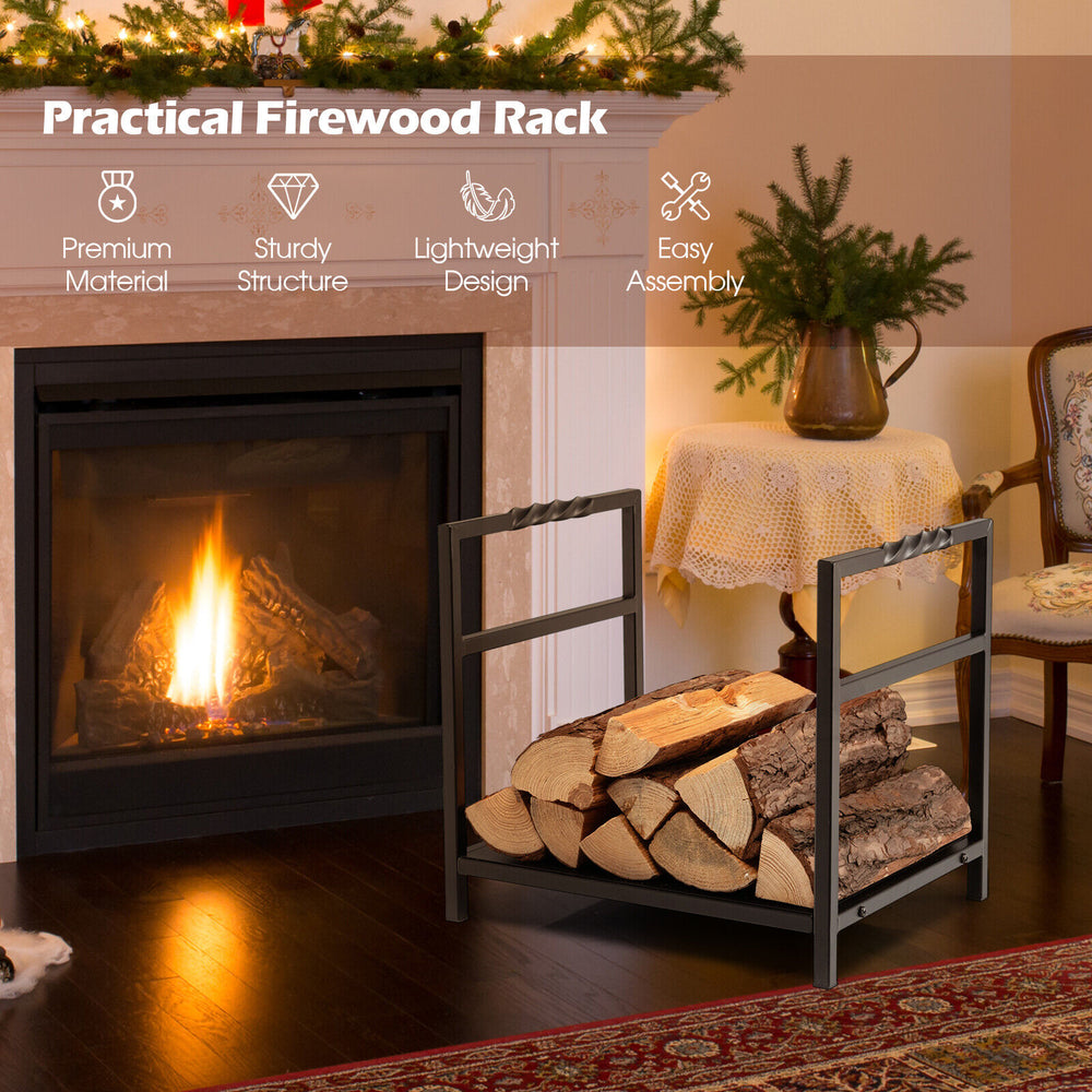 Firewood log rack in black with raised feet and handle, made of heavy-duty steel for easy storage and stability.
