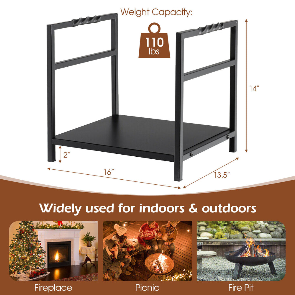 Firewood log rack in black with raised feet and handles, designed for indoor and outdoor use, holds up to 110 lbs.