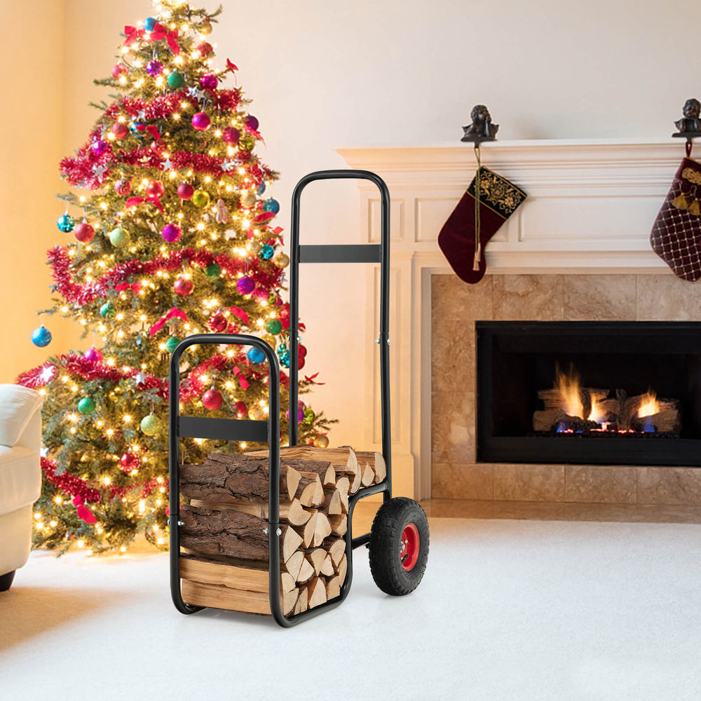 Firewood log cart carrier with rubber wheels, sturdy steel frame, and large storage for easy indoor and outdoor use.