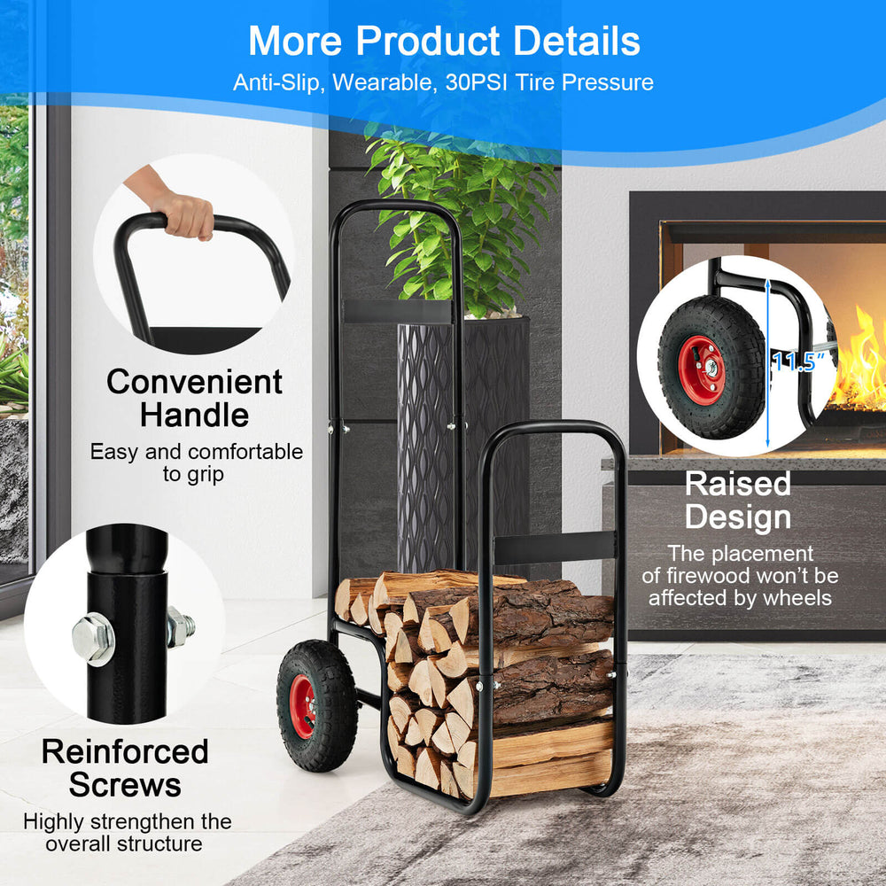 Firewood log cart carrier with wear-resistant rubber wheels and raised steel frame for easy outdoor movement and.