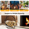 20-inch round heavy-duty metal log rack with curved design, ideal for storing firewood at BBQs, camping, or parties.