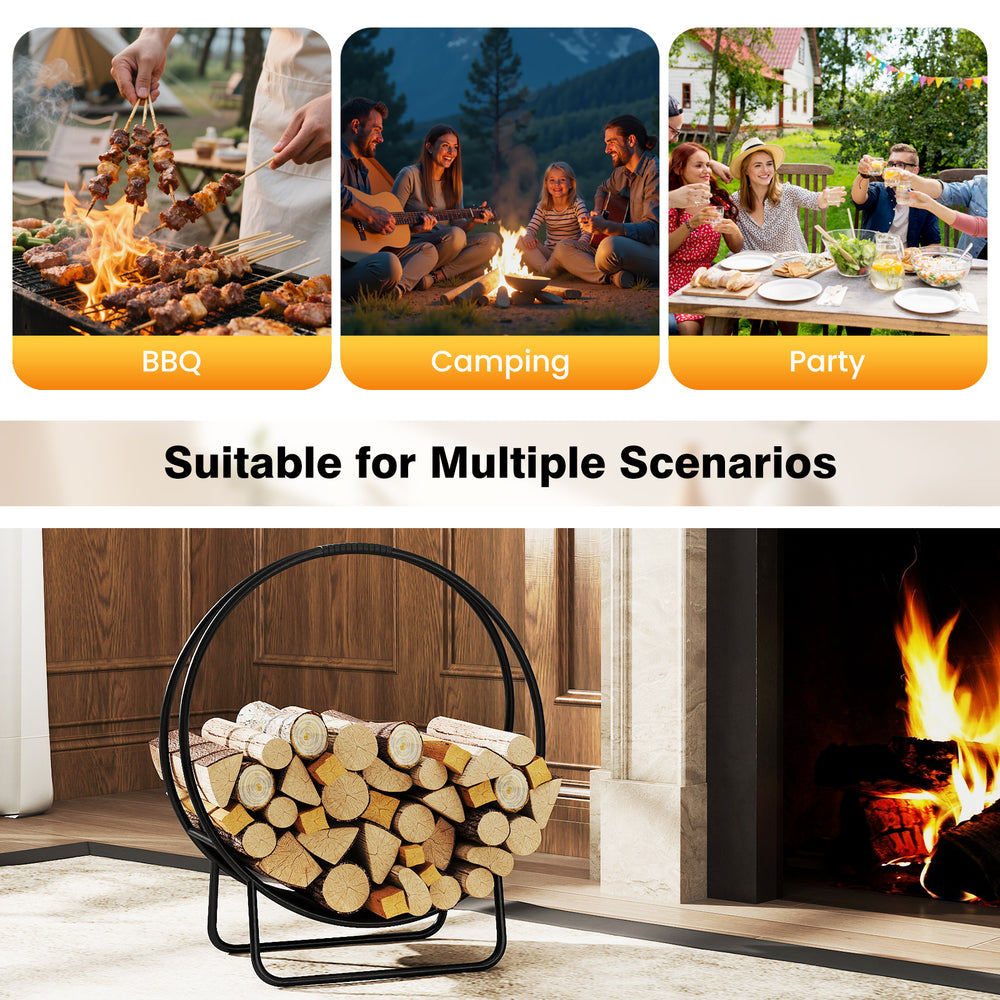 20-inch round heavy-duty metal log rack with curved design, ideal for storing firewood at BBQs, camping, or parties.