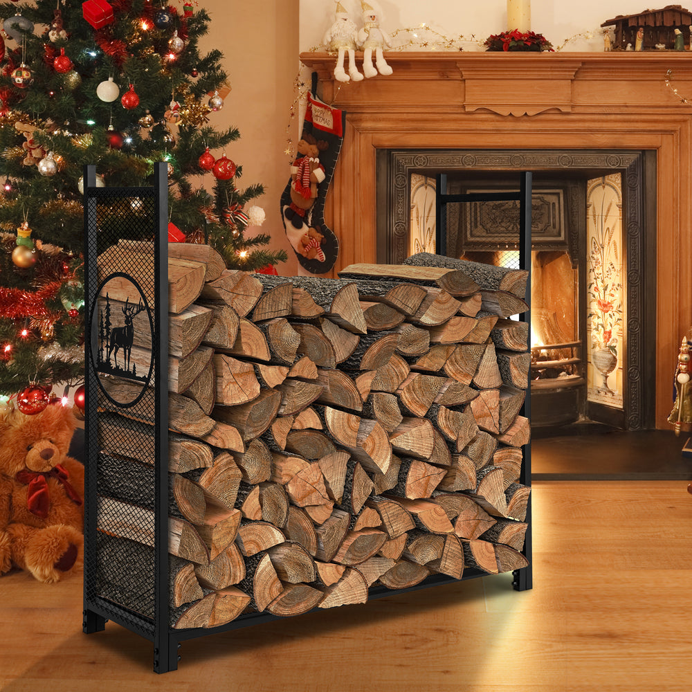 4 feet firewood rack stand with mesh sides, showcasing strong connections and smooth air circulation for dry wood.