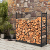 4 feet firewood rack stand with mesh sides, designed to keep small firewood secure and dry, perfect for outdoor spaces.