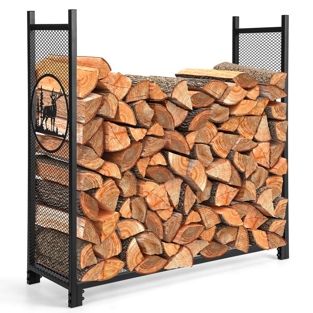 4 feet firewood rack stand with mesh sides, powder-coated for rust resistance, ideal for indoor and outdoor wood.