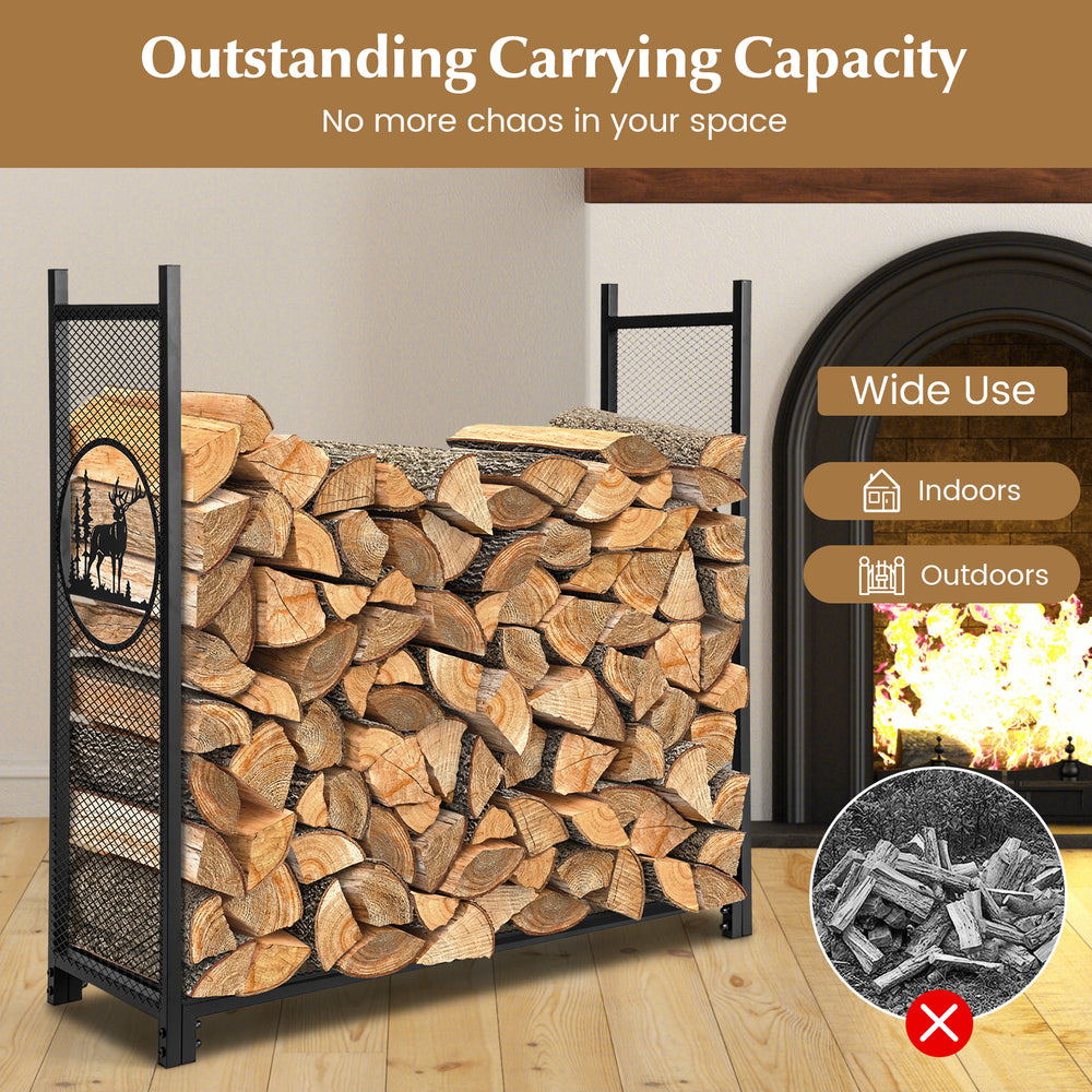 4 feet firewood rack stand with mesh sides and 2.5" elevated legs, designed for optimal wood drying and stability.
