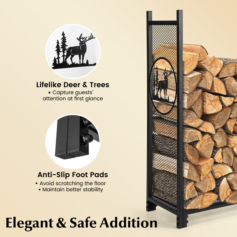 4 feet firewood rack stand with mesh sides, featuring lifelike deer design and anti-slip foot pads for stability.