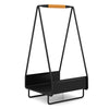 Heavy-duty metal firewood storage rack with leather handle, featuring a stable triangle structure for indoor or outdoor.
