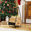Heavy-duty metal firewood storage rack with leather handle, organized logs, perfect for indoor or outdoor use.