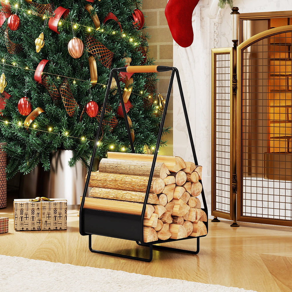 Heavy-duty metal firewood storage rack with leather handle, organized logs, perfect for indoor or outdoor use.