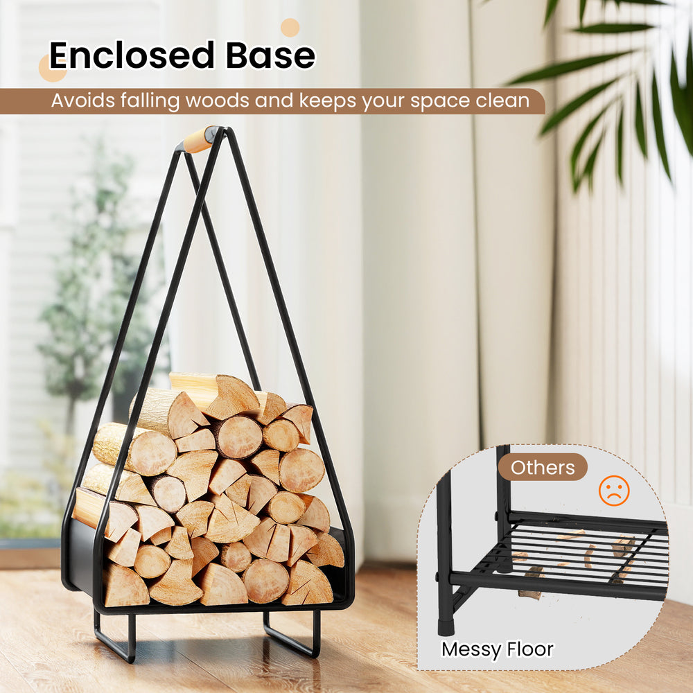 Heavy-duty metal firewood storage rack with enclosed base, leather handle, ideal for indoor and outdoor use.