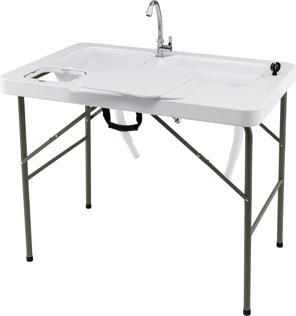 Fish cleaning table with two sinks, durable HDPE material, and a 360° rotatable faucet for easy outdoor use.