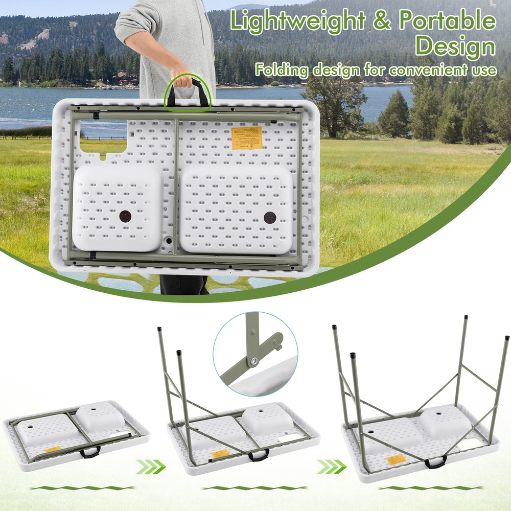 Folding fish cleaning table with two sinks, durable HDPE, and 360° rotating faucet for easy outdoor use.