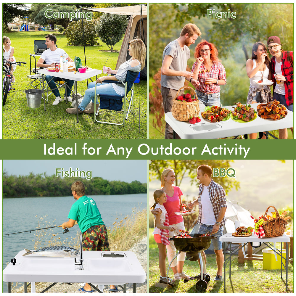 Fish cleaning table with two sinks and 360° rotatable faucet, ideal for outdoor activities like camping and BBQ.