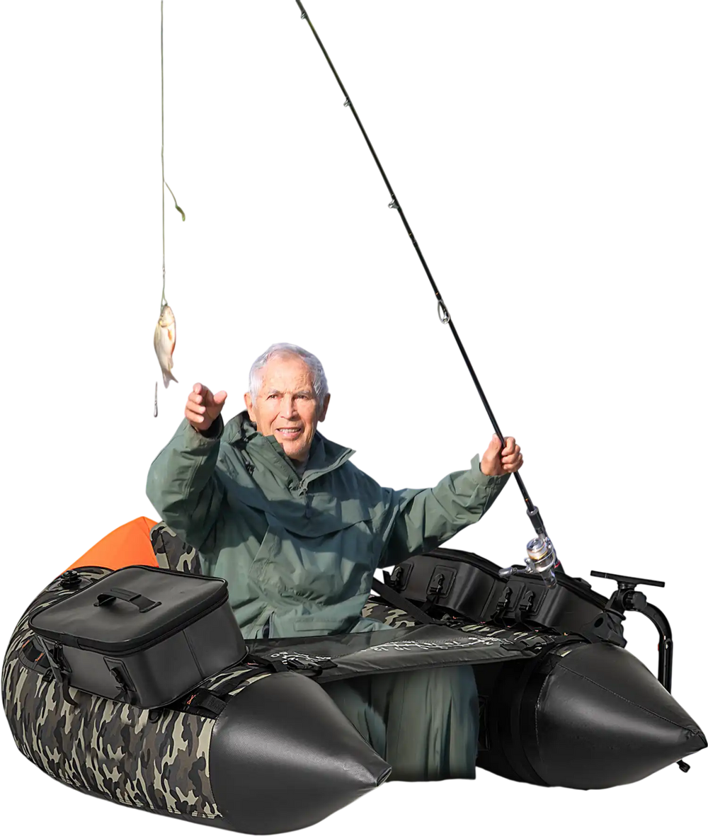 Portable camouflage fishing boat with detachable storage boxes, rod holders, and comfy inflatable seat for easy fishing.