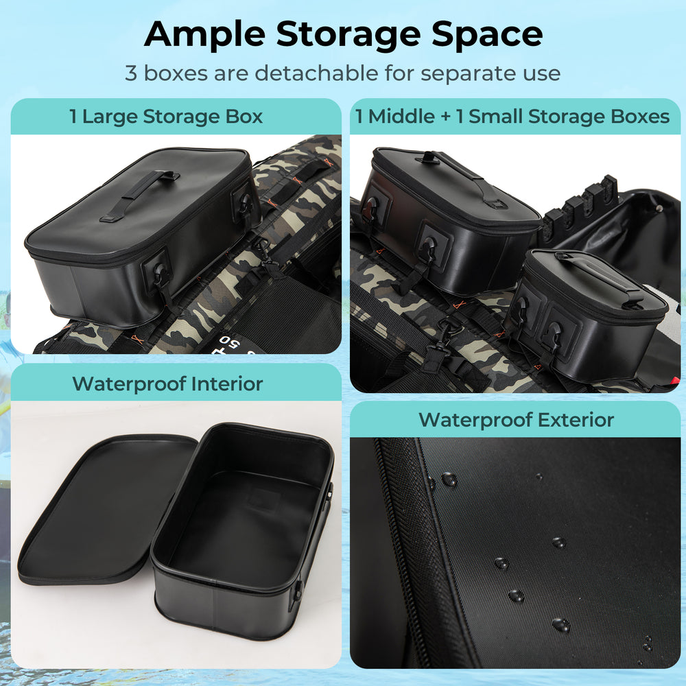 Portable fishing boat featuring three detachable storage boxes with waterproof interior and exterior for organized gear.