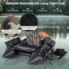 Portable fishing boat in camouflage with detachable storage boxes, made of durable 600D polyester and PVC for long-term.