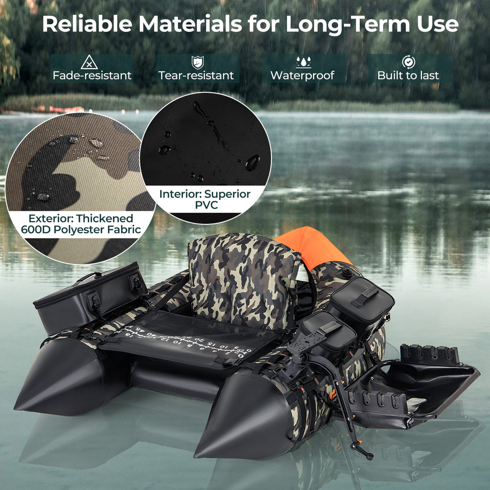 Portable fishing boat in camouflage with detachable storage boxes, made of durable 600D polyester and PVC for long-term.