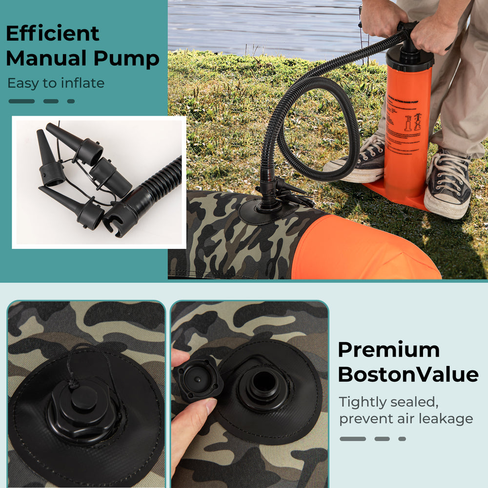 Portable camouflage fishing boat with manual pump, featuring 3 detachable storage boxes for organized gear.