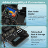 Portable fishing boat featuring a fish finder holder and rod rack for organized fishing gear storage and convenience.