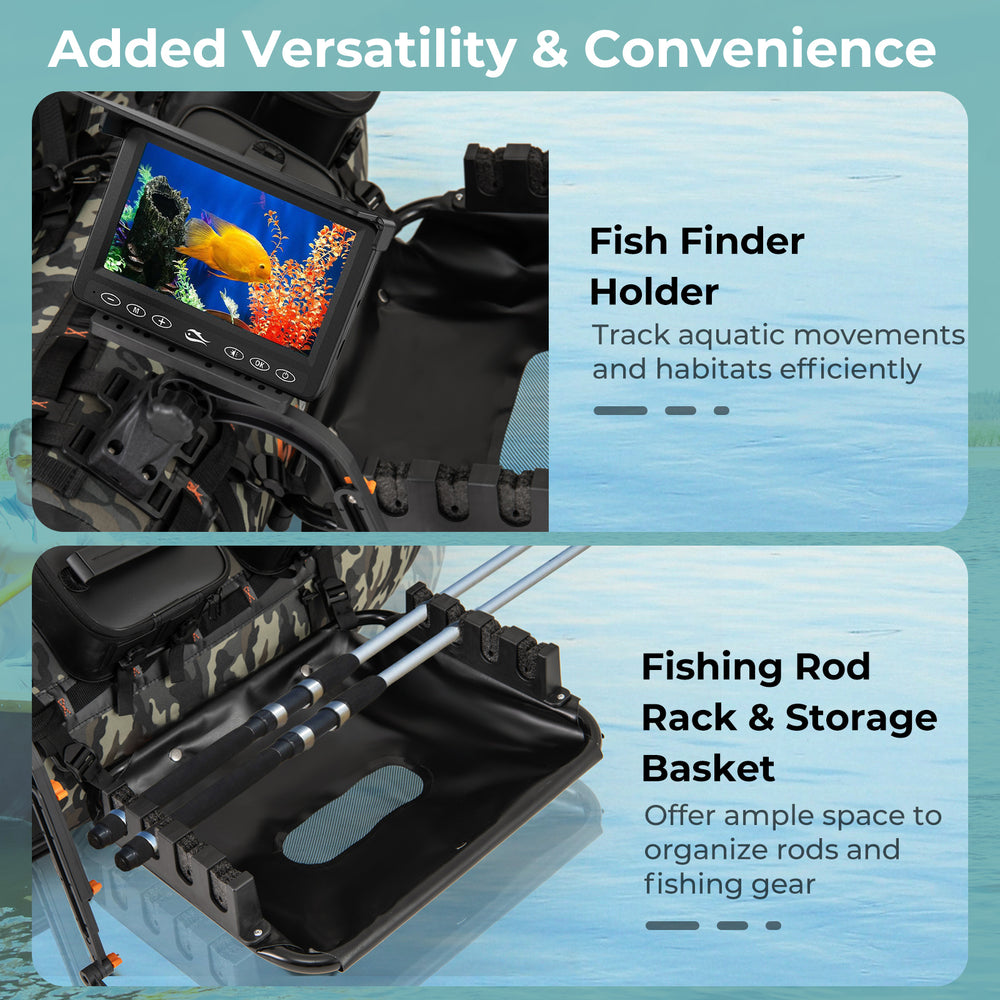 Portable fishing boat featuring a fish finder holder and rod rack for organized fishing gear storage and convenience.