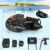 Portable camouflage fishing boat with detachable storage boxes, adjustable rod rack, and comfortable inflatable seat.