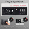 Digital wall safe with keypad and knob, featuring dual access methods and tamper-proof hinges for security.
