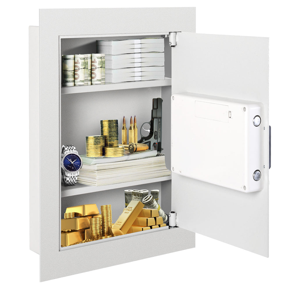 Digital flat recessed wall safe in white, featuring two shelves for secure storage of cash and valuables.