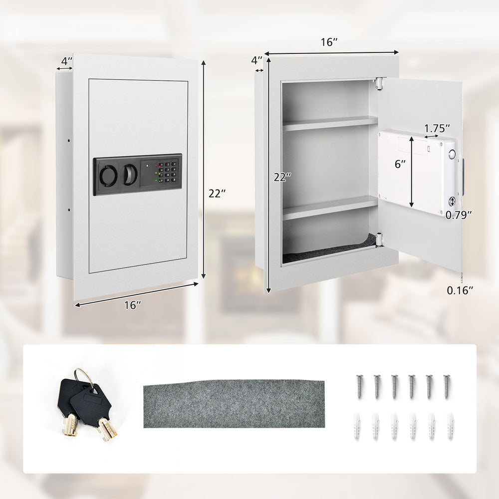 Digital flat recessed wall safe in white with keypad, two shelves, and tamper-proof hinges for secure storage.