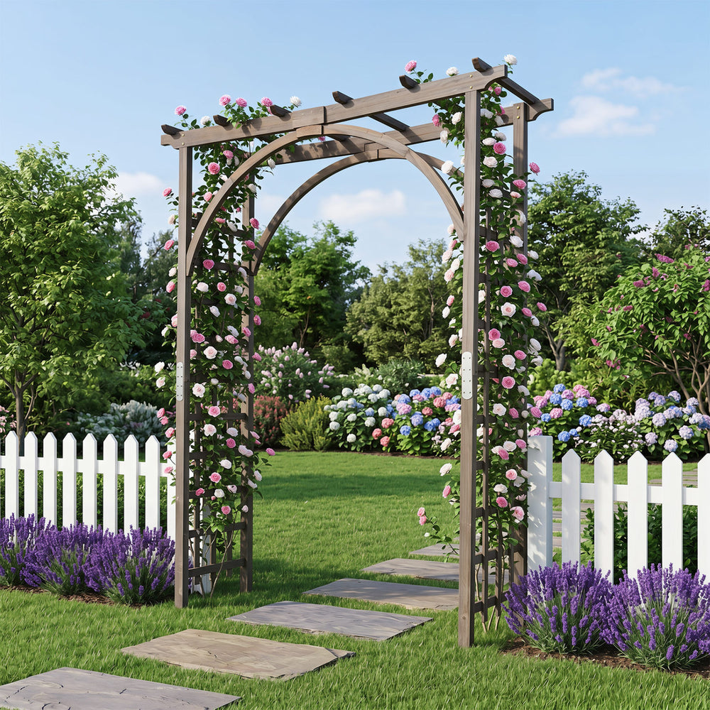Flat top garden arch trellis in brown, 85" tall, supporting climbing plants, ideal for weddings and garden entrances.