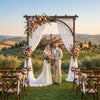 Flat top garden arch trellis in brown, 85" tall, perfect for weddings and supporting climbing plants.