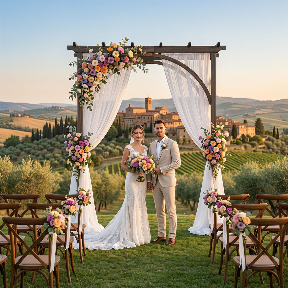 Flat top garden arch trellis in brown, 85" tall, perfect for weddings and supporting climbing plants.