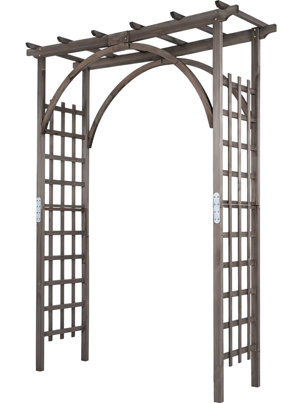 Flat top garden arch trellis in brown wood, 85" tall, ideal for climbing plants and wedding decor with sturdy design.