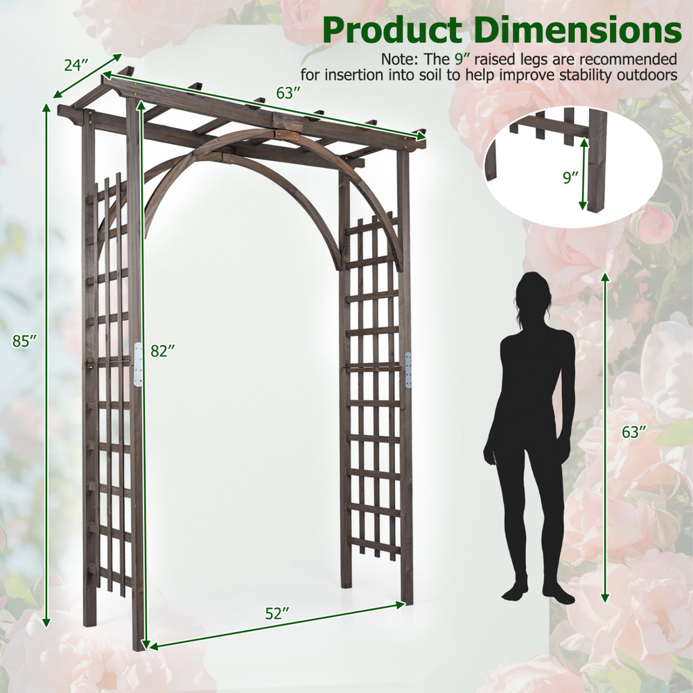 Flat top garden arch trellis in brown, 85" tall, crafted from sturdy fir wood for climbing plants and wedding decor.