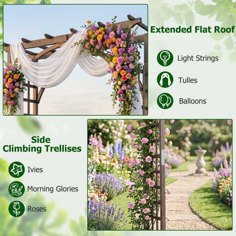 Flat top garden arch trellis in brown with climbing plant support for roses and ivies, ideal for weddings and outdoor.