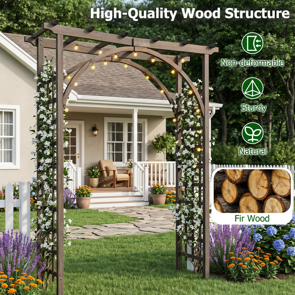Flat top garden arch trellis made of sturdy fir wood, ideal for climbing plants and wedding decor in outdoor spaces.